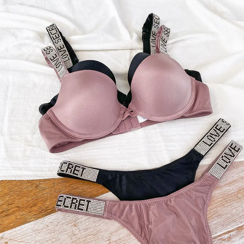 VICTORIA'S SECRET Letter bra and panty set Sexy Lace Women Underwear Thong  Lingerie Bra Set Push Up Seamless Pink Gift Bra Suit