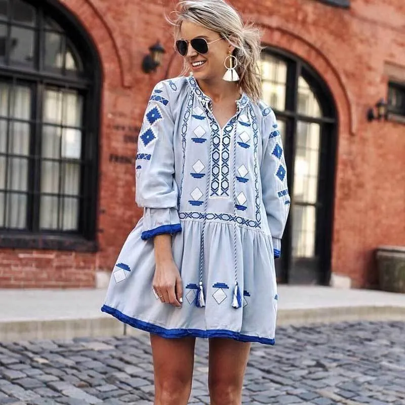 INSPIRED blue Embroidered Ukraine autumn women dress long sleeve fringes trim dress hippie mini ethnic dress vestidos 210412