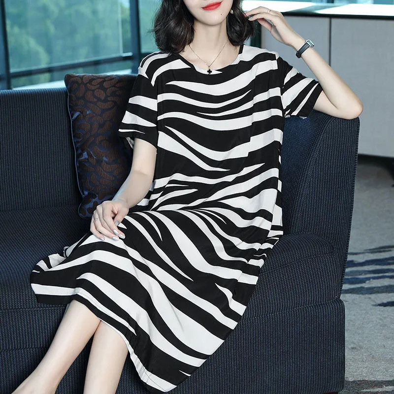 Plus Size Women's Vintage Zebra Dress elegante manga curta para casual listrado MIDI Feminino Home ES 210514