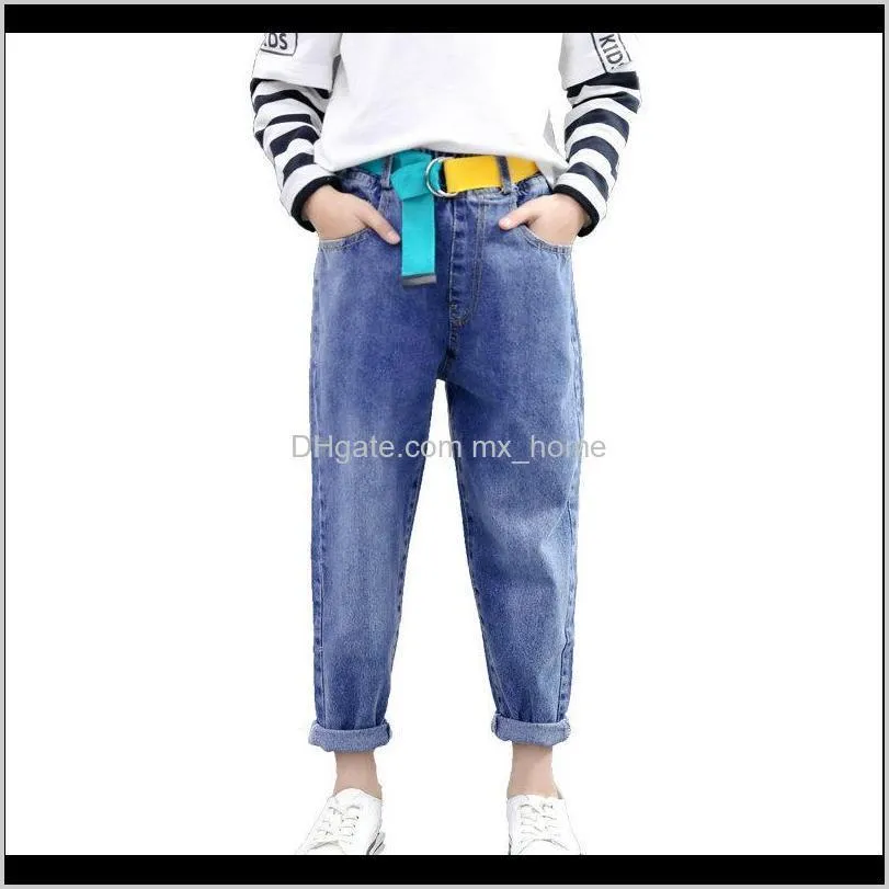 girl`s denim trousers children`s belt jeans 4-14 years old korean fashion high waist vintage girl harem denim pants for teenage 201204