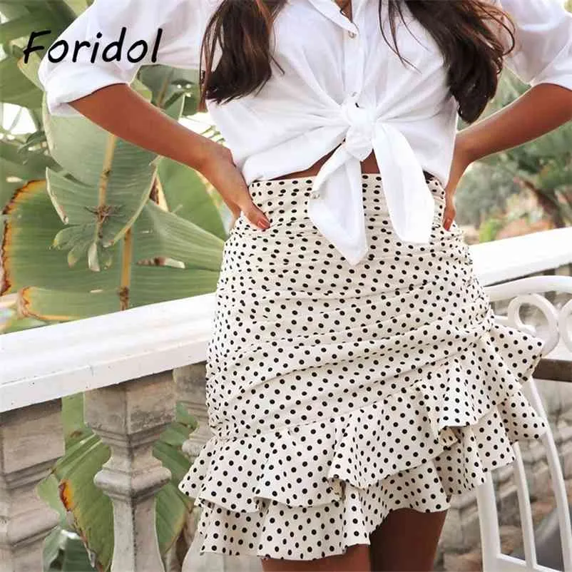 Foridol Polka Dot Ruched Mini Skirt Women White Ruffle Vintage Bodycon Chic Skirt High Waist Holiday Skirt Faldas 210415