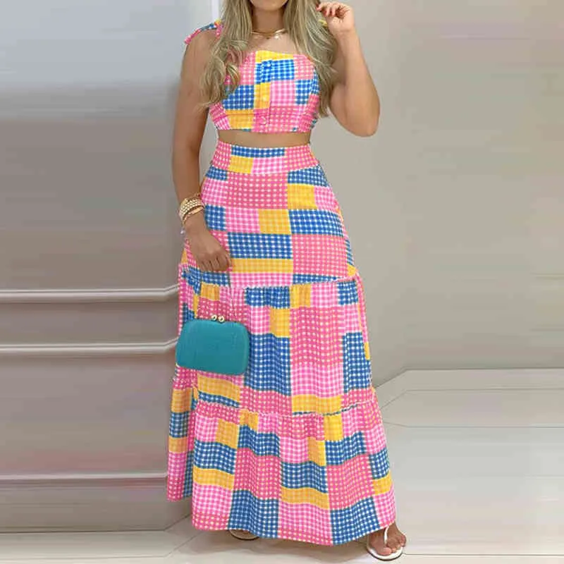 Save Big on Bulk Two Piece Dress Sets Two Piece Dress Set Sleeveless  Camisole And Plaid Skirt Set Club Fashion Party Summer Women Dresses 210521 