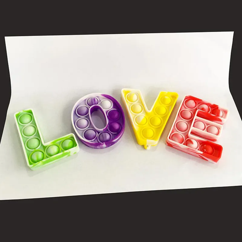 26 lettersSensory fidget  bubble poppers key ring Alphabet shape push bubbles popper board keychain finger puzzle charm tie dye rainbow bag hanging A101