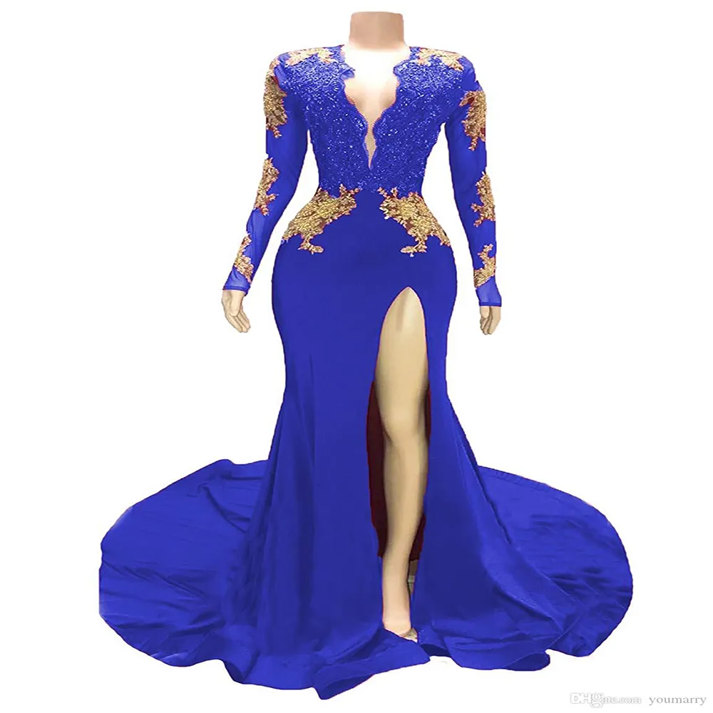 Vintage Royal Blue Memaid Prom Klänningar med Guld Lace Plus Storlek Långärmad Aftonklänning Elegant Kvinnor Party Gowns för Black Girls Robe de Soirée Mariage