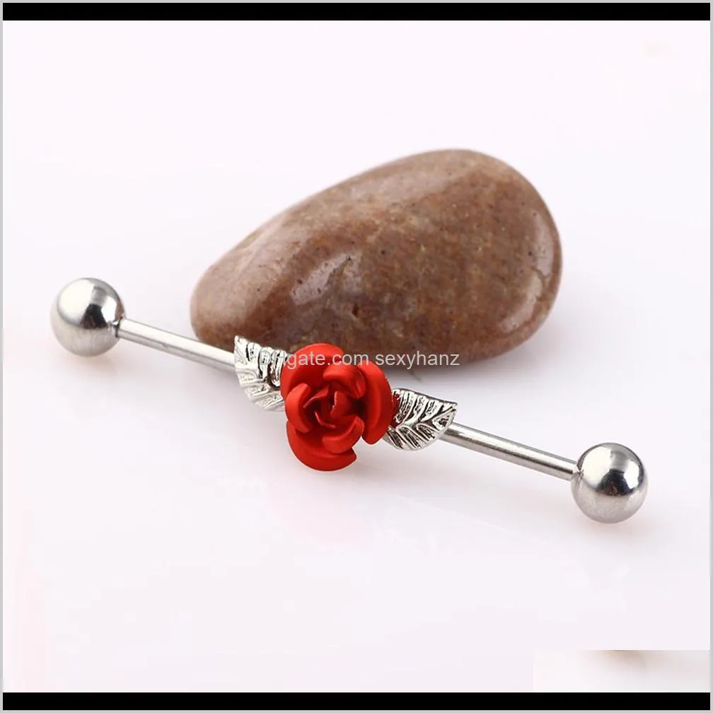 red rose with leaves industrial piercing cartilage barbells 14g surgical steel ear bar sexy body earring jewelry 20pcs