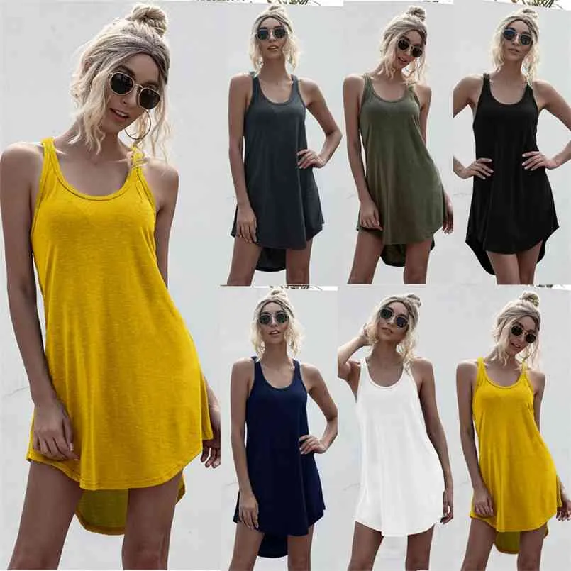 Oregelbunden Sexig Casual Mini Dress Kvinnor Vår och Sommar Solid U Neck Ärmlös Back Klänning Bodycon 210508