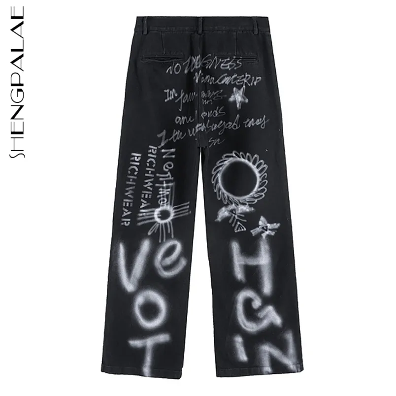 High Street Hip Hop Fashion Jeans Kvinnors Vår Graffiti Tryckt Lossa Straight Denim Byxor Kvinna 5b642 210427