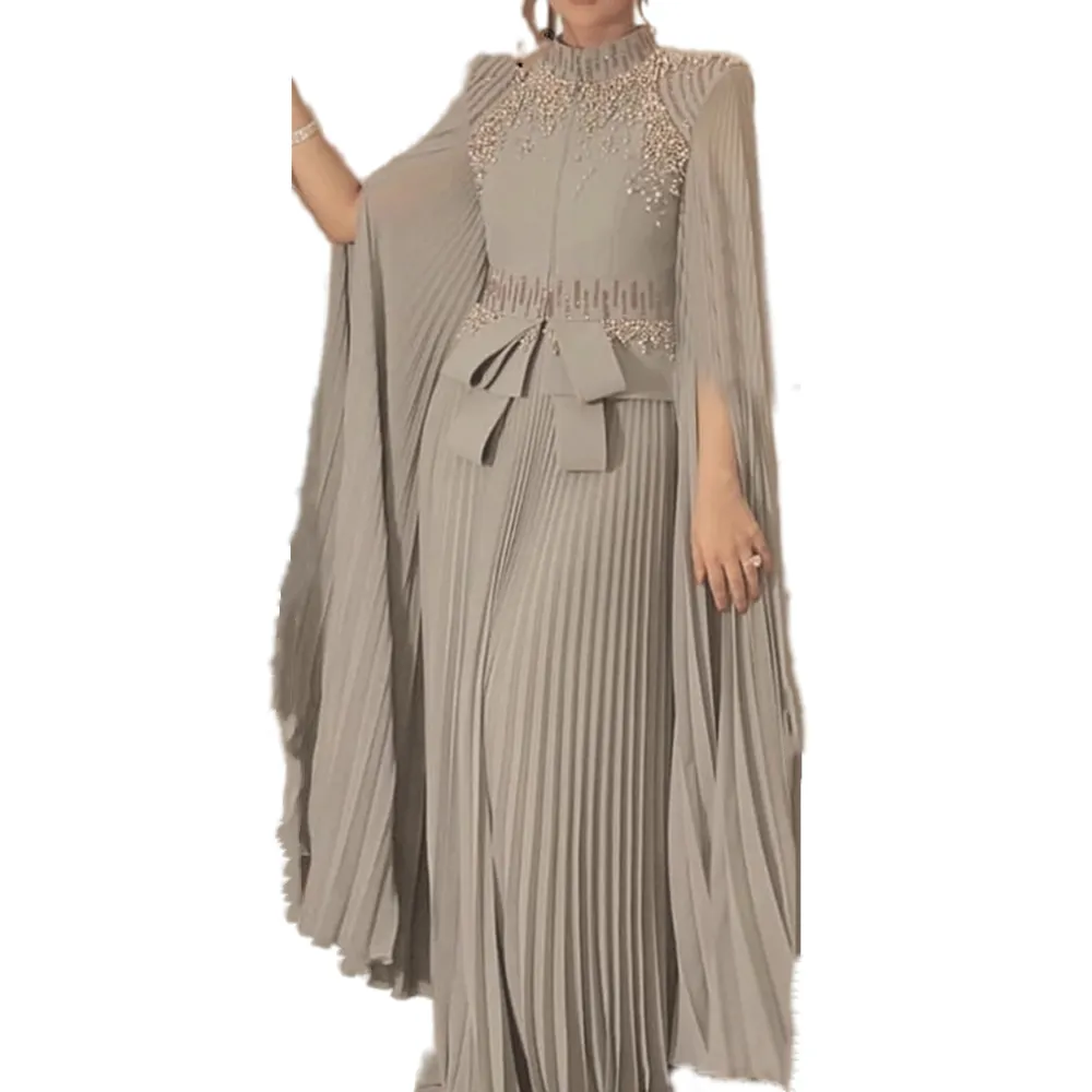 Musulmán árabe Dubai Kaftan gasa plisados vestidos de noche formales perlas con cuentas cuello alto elegante una línea vestidos de fiesta de graduación arco Moroc240x