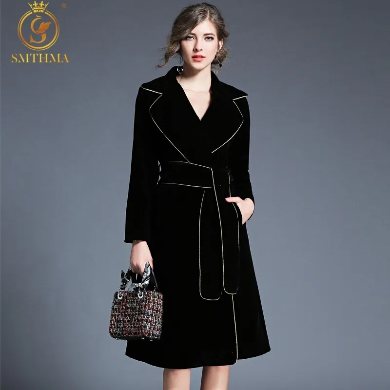 Wysokiej jakości pas startowy damski złoto wykończenia ząbkowana sukienka zimowa kobiety z długim rękawem czarny aksamit vestidos 210520