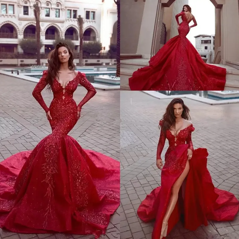 Sparkly luxury Red Mermaid Bridal Gowns Reception Long Sleeve Dresses Beaded Muslim Plus Size Party Gowns Vestidos De Novia