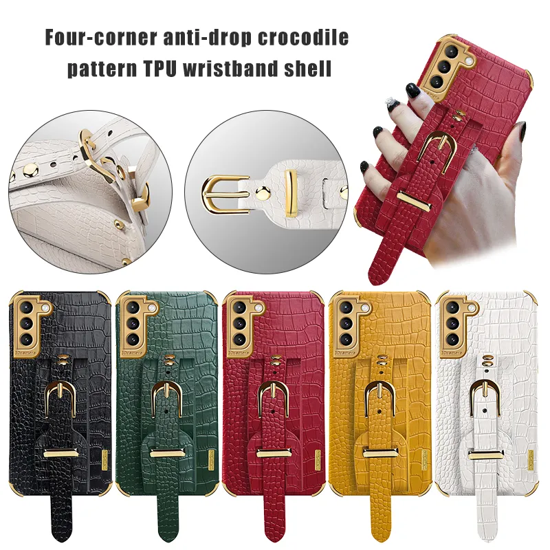 Crocodile PU leather Wristband Cases Bracket Strap Stand Soft 6D Plating Shockproof Cover For Samsung S20 FE S21 Plus S22 Ultra A13 A23 A33 A53 A73 A12 A22 A32 A52 A72