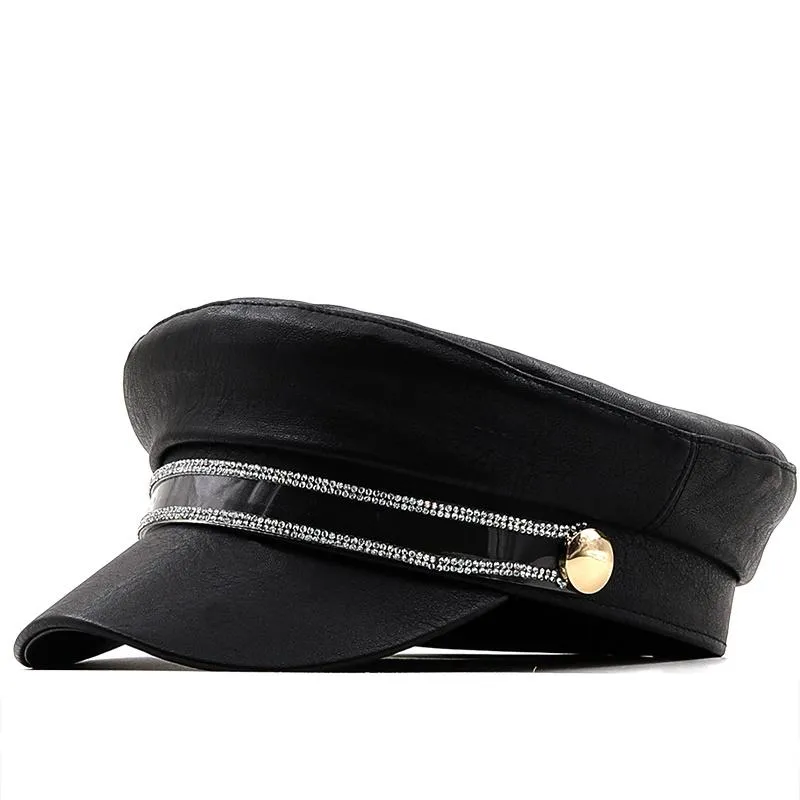 Berretti Ragazza Berretti militari in pelle PU Primavera Autunno Cappelli da marinaio per donna Cappello da cadetto da viaggio con cappuccio da capitano piatto grigio nero