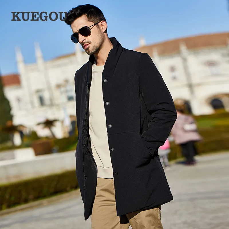 KUEGOU Polyamide spandex Men's coat slim fashion warm winter Medium length men clothes padded jacket black UW-0281 210524