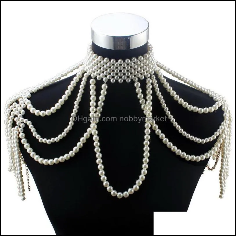 Florosy Long Bead Chain Chunky Simulated Pearl Necklace Body Jewelry for Women Costume Choker Pendant Statement Necklace New 210323