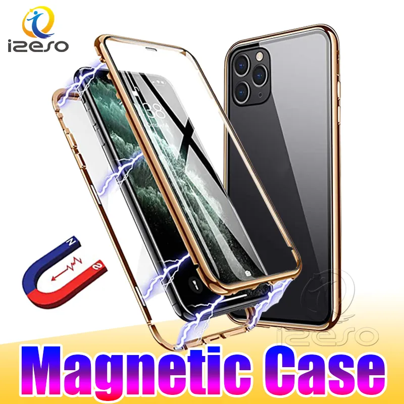 Magnetiska adsorptionsfall för iPhone 15 14 13 12 Pro Max 11 XR 8 Plus Full täckt Dual Tempered Glass Telefon Back Cover Case izeso