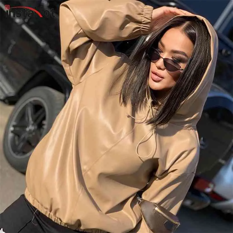 Insta Fucice Women con cappuccio in pelle streetwear Streetwear Casual Winter Solid Vintage Seltshirt con cappuccio con cappuccio Pullover Coat Top 210813