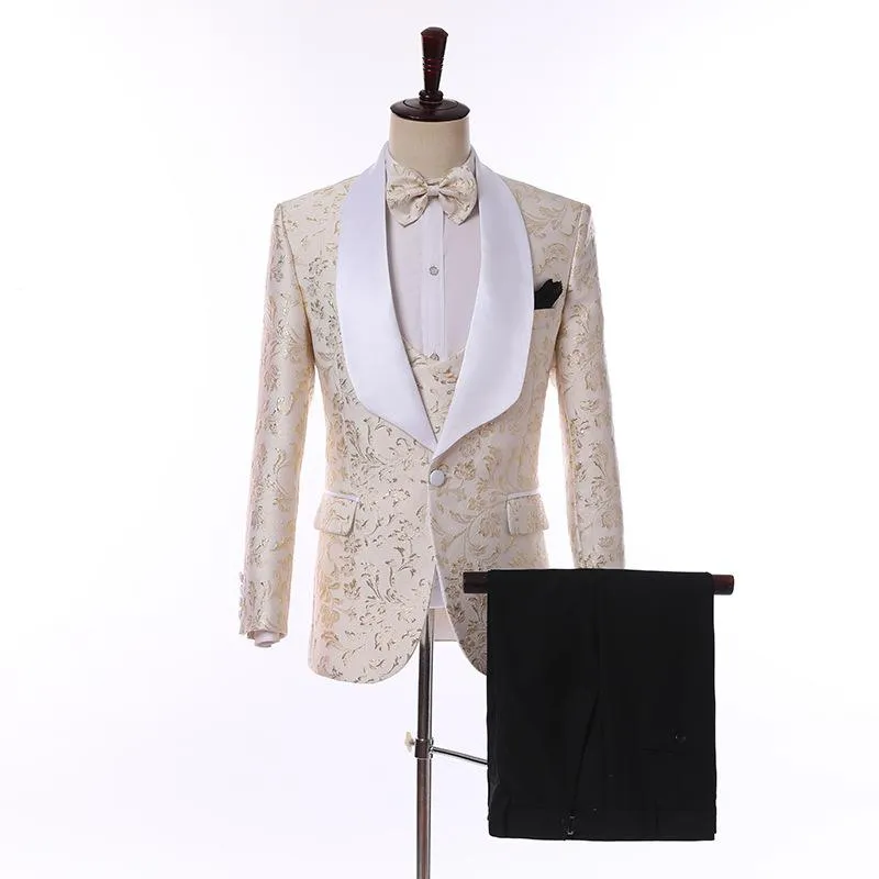 Costumes hommes trois pièces garçons d'honneur vêtements robes de mariée mode Champagne rose Slim coréen qualité Blazers