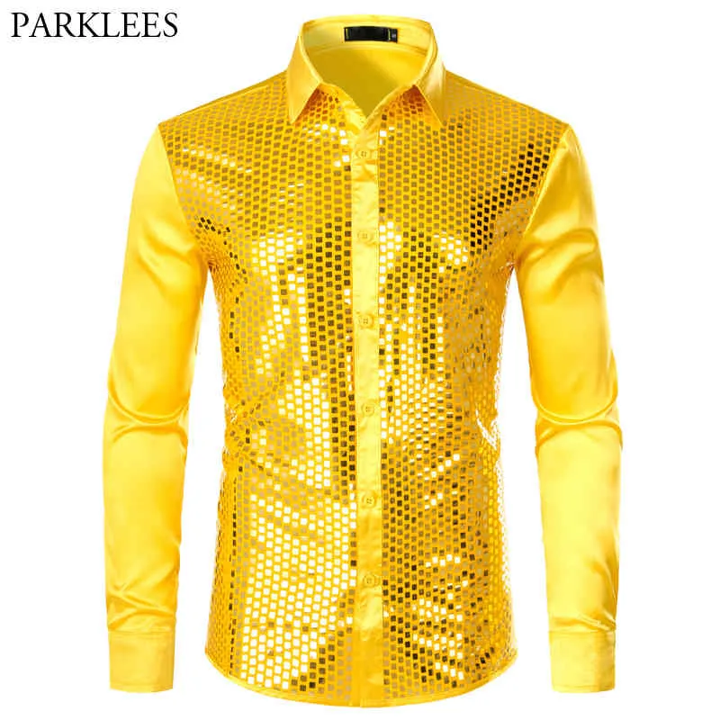 mens glitter dress shirts Sequin Shirts for Men's Glitter 70s Disco Shirt Button Down Short Sleeve  Metallic Tops main image 0