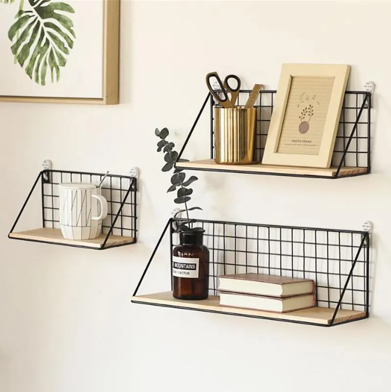 Hooks & Rails Wooden&Iron Wall Shelf Organizer Holder Kitchen Supplies Hanging Storage Cabinet For Home/ Bathroom
