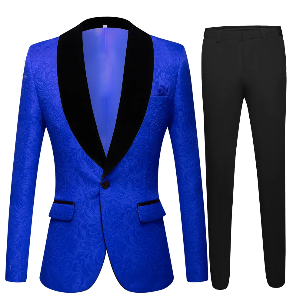 Royal Blue Dobby Casamento Smoking Slim Fit Groom Wear Ternos Feito Personalizado Feito Groomsmen Prom Festa Dinando Dating Outfits Blazers (Jacket + Calças) Um botão Imagem real