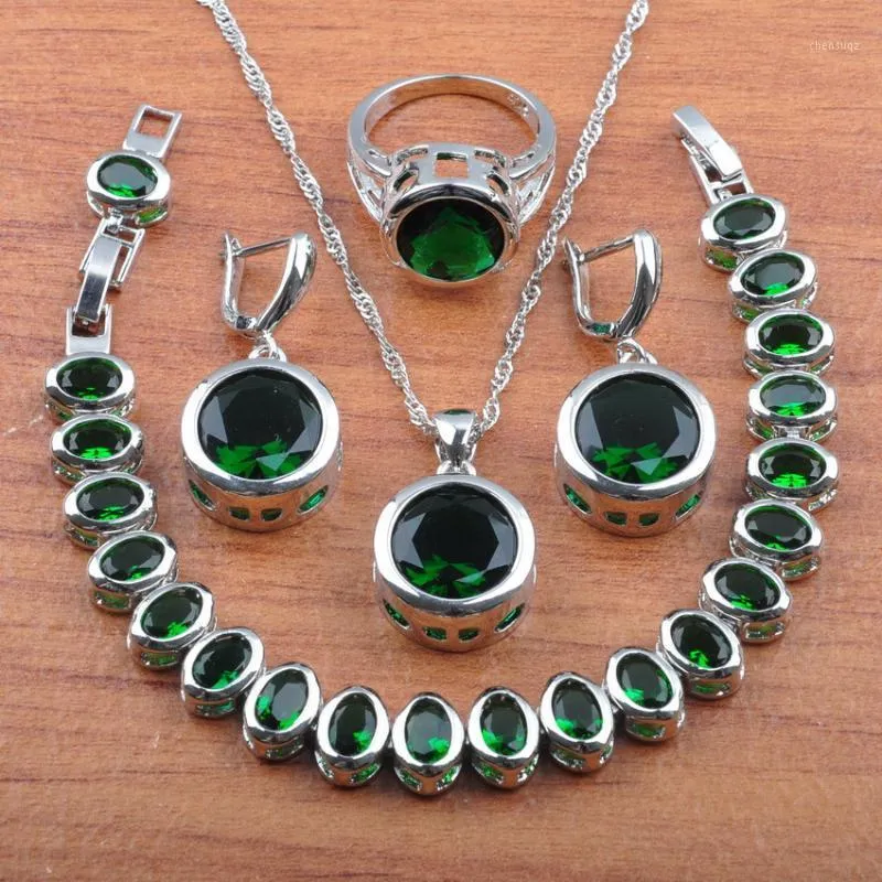 Earrings & Necklace Bridal Wedding Jewelry Sets And Set For Women Costume Green Cubic Zirconia Round Accessories Js0370