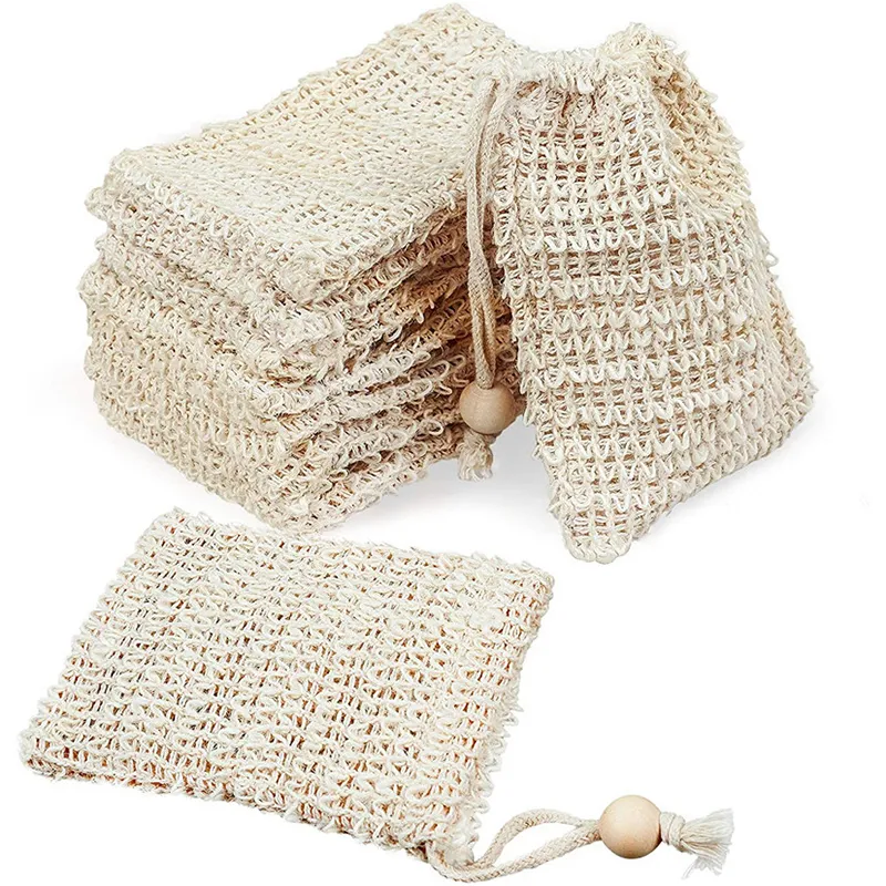 Natural Sisal Soap Bag Saver Holder Pouch Bath Toalettförsörjning Exfolierande duschnät Tvålar Förvaringspåsar Drabbstring Foaming Easy Bubble Foam Maker JY0924