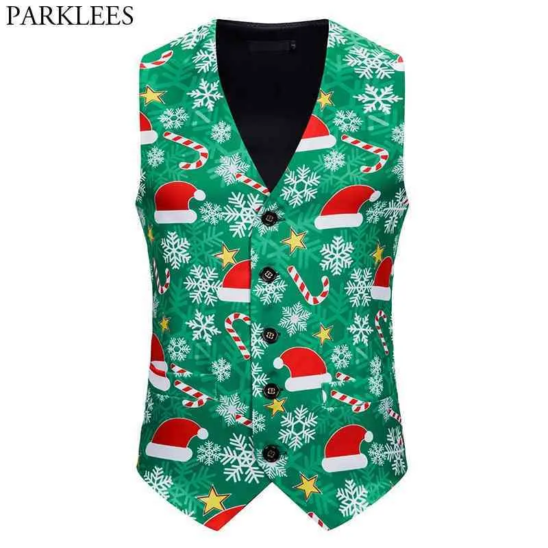 3D Christmas Hat Print Vest Men Fashion Slim Fit Mens Waistcoats Xmas Party Holiday Tuxedo Vests Male Chaleco Hombre 2X 210522