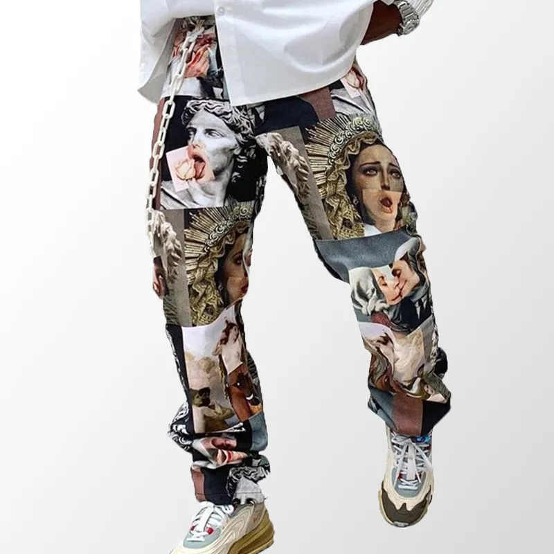 Sonbahar Hip Hop Renkli Pantolon Gevşek Orta Bel Baskı Uzun Casual erkek Insanlar Desenli 3XL Pantolon