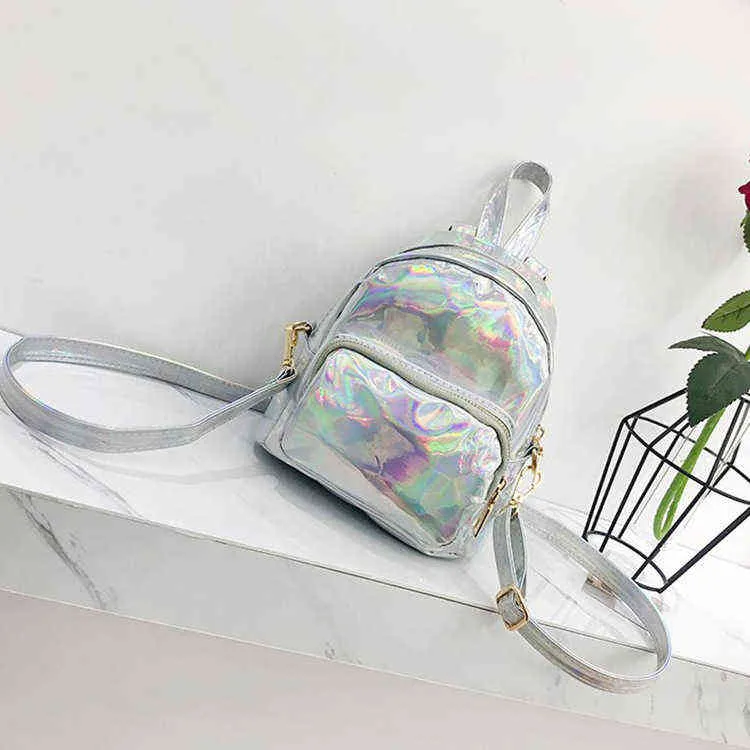 New Silver Laser Small Backpack women Travel pu leather Solid Color Mini rucksack school bags for teenage girls cute back pack Y1105