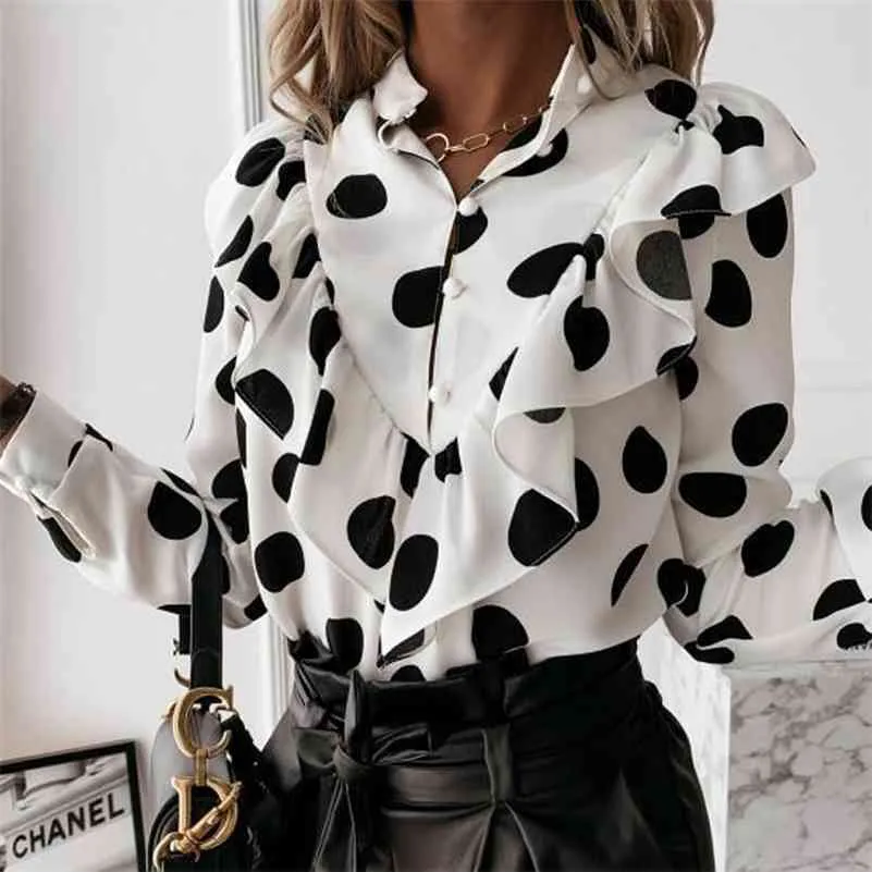 Casual Leopard Dot Print Ruffle Blouse Shirt Höst Vinter Långärmad Kvinnor Elegant Office Lady V-Neck Button Tops Blusa 210518