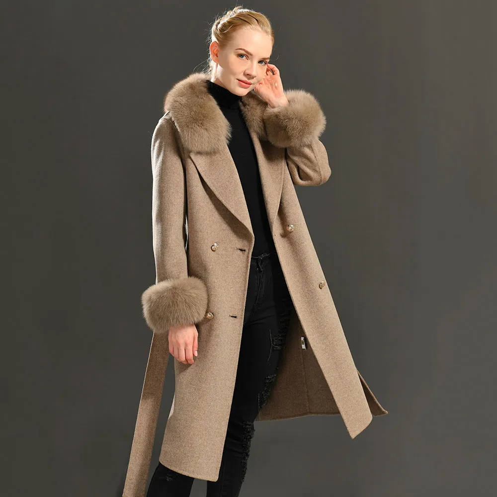 Tasarım Bayan Yün Ceket Bahar Gerçek Fox Kürk Yaka Yün Ceket Ayarlanabilir Bel Ince Bayanlar Uzun Palto
