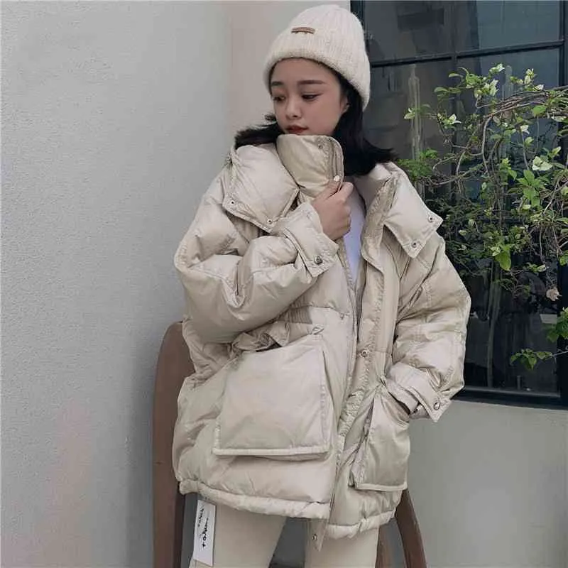 Luźna Ciepła Kurtka Kobiety Moda Koreański Luźny Oversized Down Płaszcz Zima Gruba Ultra Light White Kaczka Znosić 210419