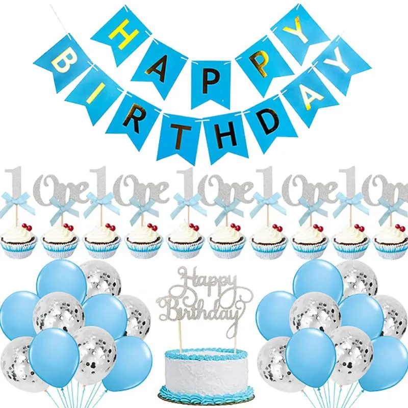 Juego Globos Confeti Fiesta Cumpleaños 1 Niño Azul 21 Piezas