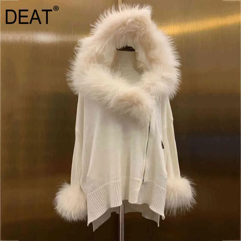Kış Moda Kadın Giyim Kapşonlu Kürk Yaka Fermuarlar Örme Gevşek Beyaz Sıcak Kazak Kadın Üst WO62400L 210421