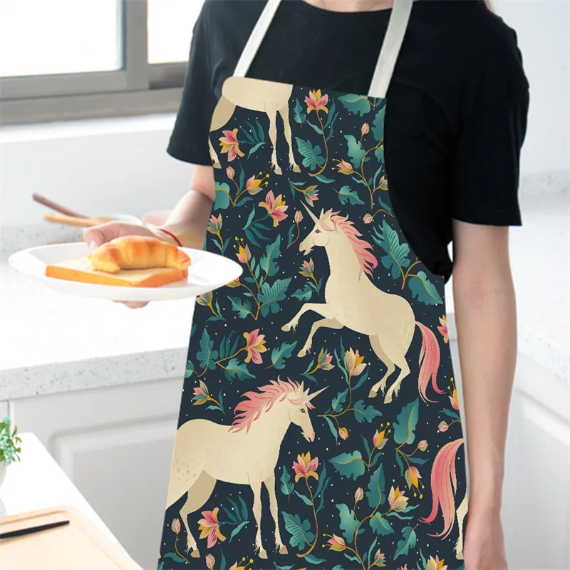Female Sleeveless Cartoon Unicorn Apron Cotton And Hemp Pinafore Floral Prints Cooking Aprons For Home Kitchen Popular Creative 7 5my J1