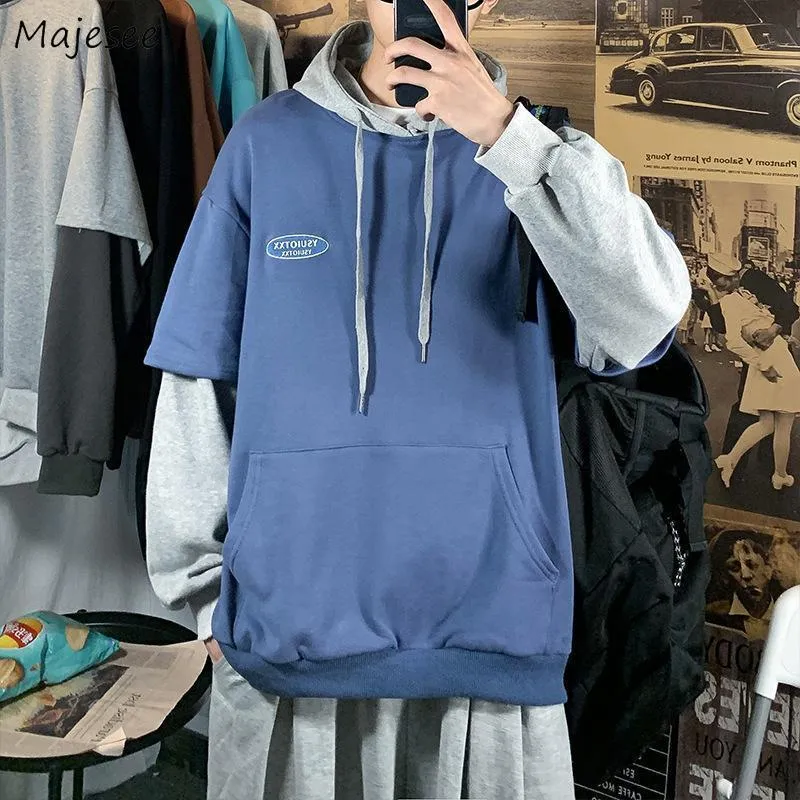 Mäns hoodies sweatshirts med hatt män falska två stycken lös tryckta patchwork man vintage preppy stil par chic all-match teens