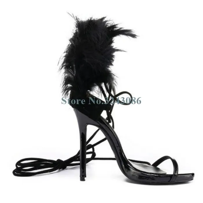 Robe chaussures bout ouvert sangle unique mince sandales à talons hauts noir plume spectacle élégant banquet femmes cuir cheville