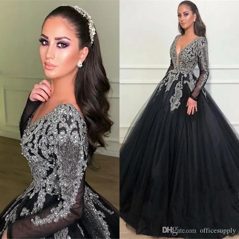 Sexy Ballkleid-Abendkleider, schwarz, V-Ausschnitt, klassisch, lange Ärmel, Applikationen, Perlen, Top, Abschlussball, Quinceanera-Kleid, formelle Party-Festzug-Kleider