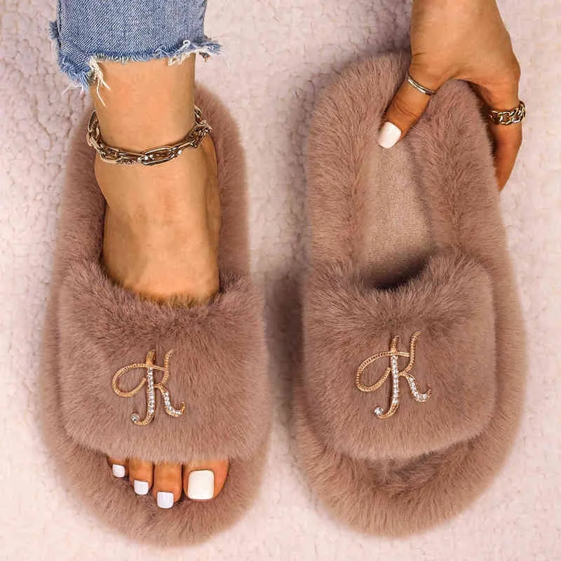 Furry Slippers Fur Slides For Women Fashion Rhinestone Letter Fluffy Flip Flops Ladies Winter Slippers Platform Sandals Shoes Y1206