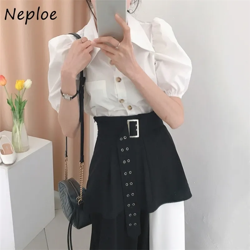 Estilo de trabalho OL 2 PCS Mulheres Conjunto Definir ABRIGHO CHOLLAR Puff Camisa de Manga Curta + Cintura Alta Quadril Saia Assimétrica Verão Terno 210422