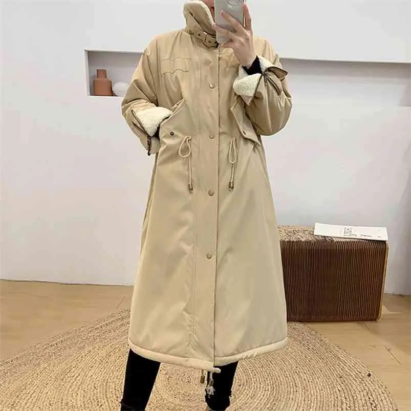 Winter lamswol binnenvoering katoen lange jas vrouwen casual oversize uitloper vintage stijl losse dikke warme sneeuwjas 210430