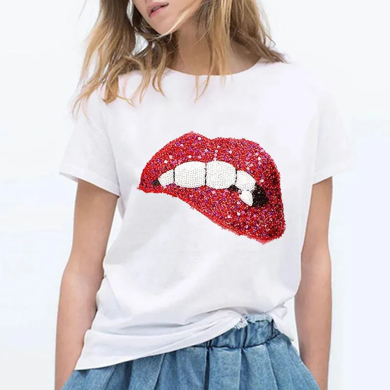 Women's Short Sleeve Funny Graphic T-Shirt – Lip Print Round Neck Casual Tee, Summer Blouse Top - View #4