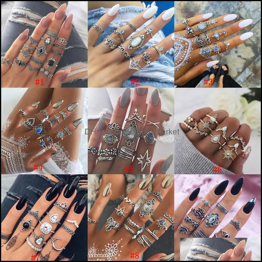 Women Boho Midi Finger Rings Set For women Vintage Crystal Gemstone Crown Bride bridesmaid wedding Knuckle Rings Bohemian Jewelry in