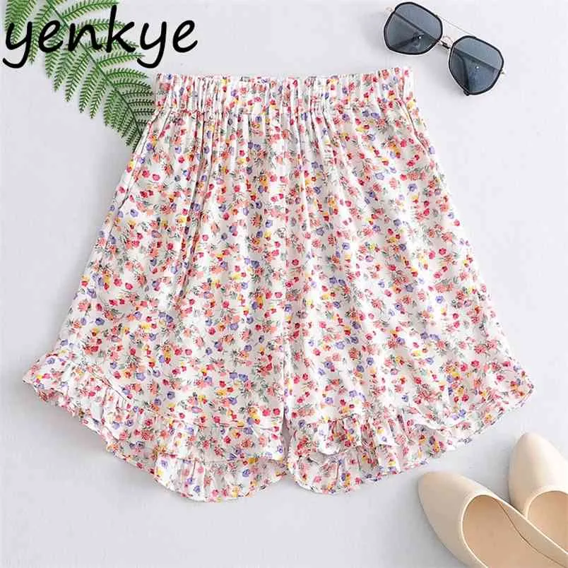 Pantalones cortos de estampado floral Mujeres Elásticas Hargadas de cintura Boho Short Mujer Holiday Casual Summer Short Femme Spodenki Damskie 210514