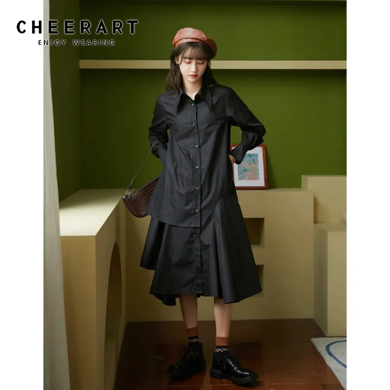 Autumn Designer Asymmetrical Shirt Dress Women Long Sleeve Button Up Collar Black Fashion 210427