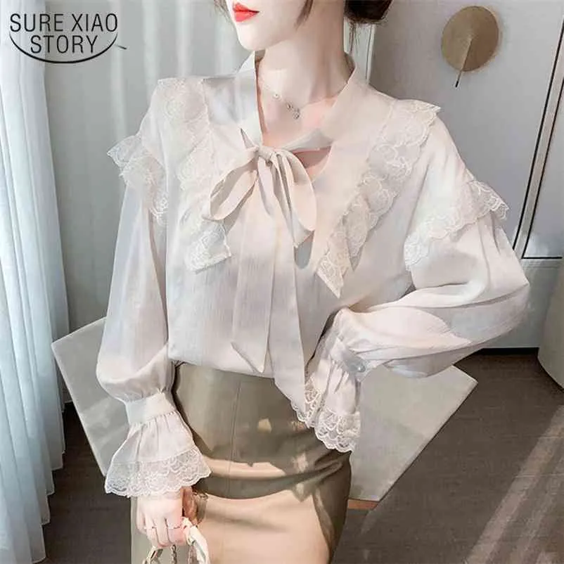 Hong Kong Stil Retro Chiffon Shirts Frauen Strappy Shirt Frühling Spitze Rüschen Trompete Ärmel Top Frau Blusen 13210 210508