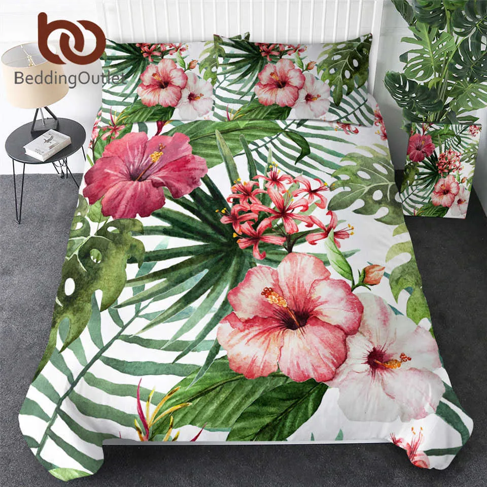 BeddingOutlet Flowers Bedding Set Leaves Duvet Cover Tropical Plants Home Textiles 3-Piece Red Green White Bedclothes 210615