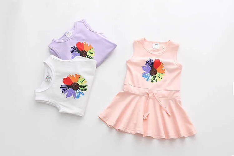  Summer 2-10 Years Children Birthday Oil Painting Cartoon Big Flowe Print Princess Waist Drawstring Kids Girl Flower Dress (9)