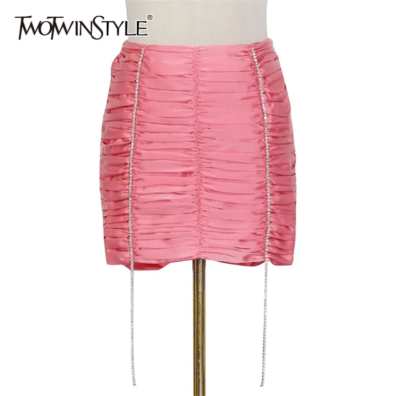 Solid Patchwork Diamond Skirt For Women High Waist Ruched Slim Bodycon Mini Skirts Female Summer Fashion Style 210521