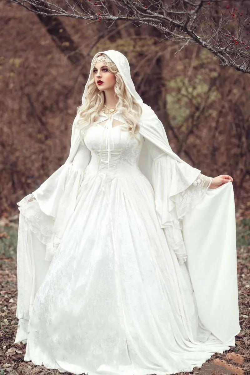 Rétro gothique noir pleine dentelle robe de bal robes de mariée avec évasement manches longues Vintage victorien mascarade ivoire robes de mariée cape automne hiver robe de mariée 2021